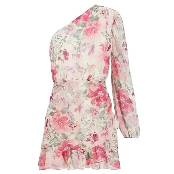 NWT Express One-Shoulder Floral Sparkle Mini Romper Dress | Size M - Picture 1 of 5